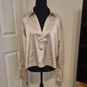 glam Satin V-Neck Long-Sleeve Blouse in Cream